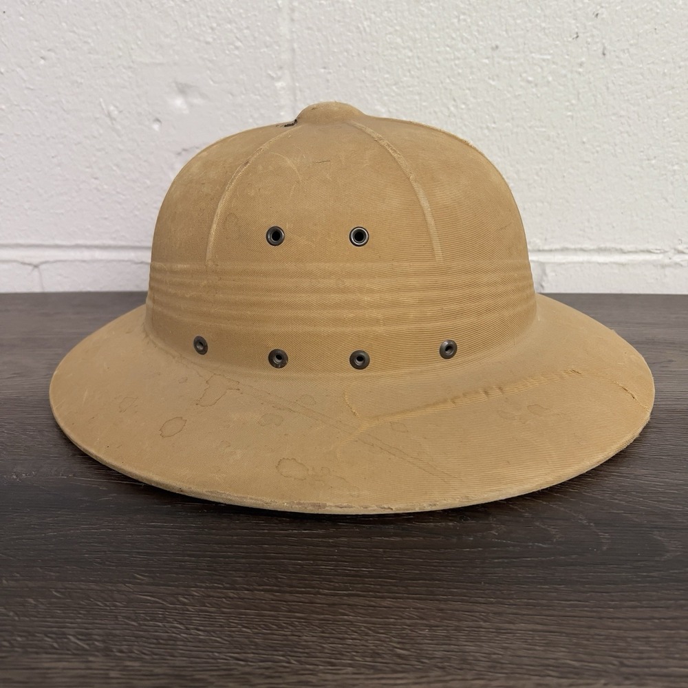 Vintage Pith Safari Helmet Tan Tropical Sun Hat Colonial Style Hard Shell